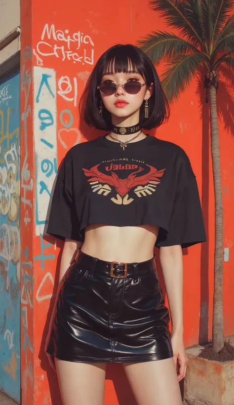 Flat Illustration artwork, ((young 24 year old Maggie cheung)) in a oversized crop top and skirt in a fashion pose in front of simple background, up close red lips, wear dark sunglasses, korean pop-star, big smile, black hair, pretty hands, fringe, simple ...