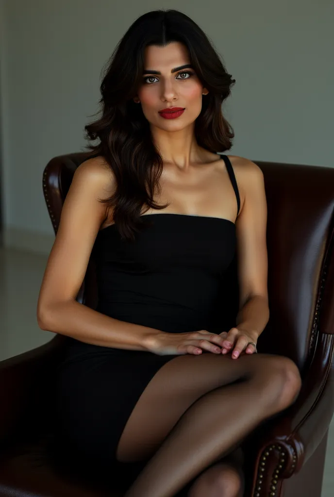 A photo of Claudia Doumit in a black dress with thin straps, black tights, black heels sitting on a chair with legs crossed, feminine pose, seductive face, red matte lipstick