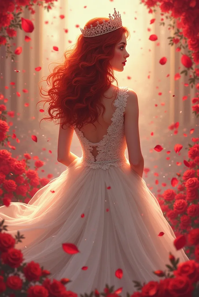 A woman with wavy red hair with a crown on her head in a wedding dress in vector red rose petals falling beside her her face is not visible because her back is turned