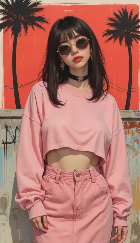 Flat Illustration artwork, ((young 24 year old Maggie cheung)) in a oversized pink crop top and skirt in a fashion pose in front of simple background, up close red lips, wear dark sunglasses, korean pop-star, big smile, black hair, pretty hands, fringe, si...