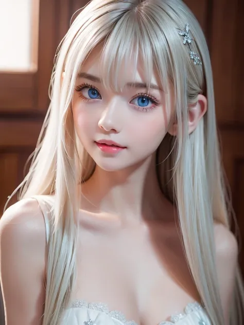 True Photo Quality、Extraordinary sexy beauty、 Beautiful calm and bright expression 、 sexy fresh look 、 long bangs over a perfect beautiful cute face 、Super long platinum blonde straight silky hair、Blonde hair on a beautiful face 、very cute beautiful sexy y...