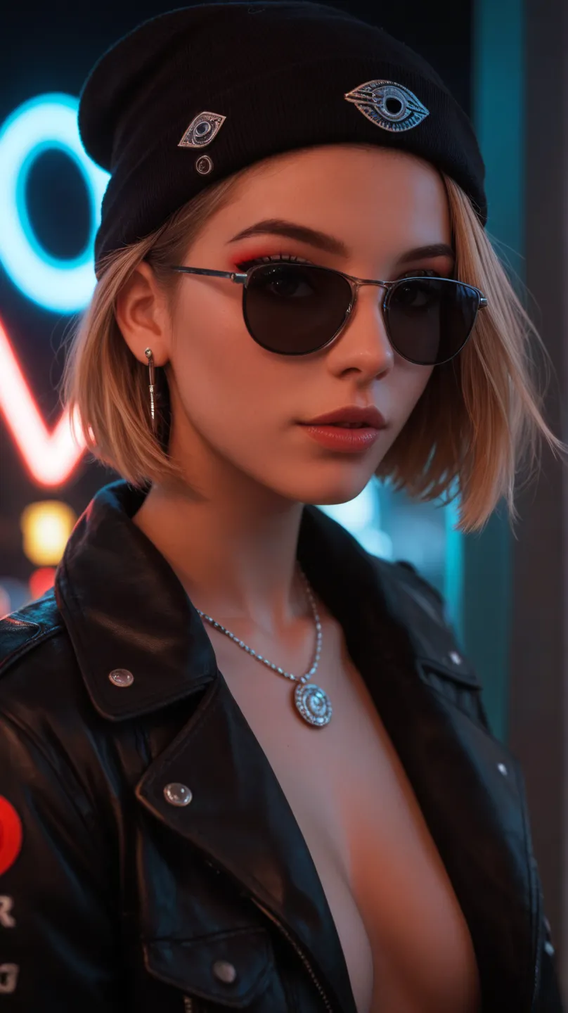 Face close up, alternative girl, watching over black sunglasses, jacket, necklace, neon light reflections on skin, ear ring, makeup, skin imperfection, short hair, beanie, neon lights background, low light, depth of field, highly detailed, high contrast, f...