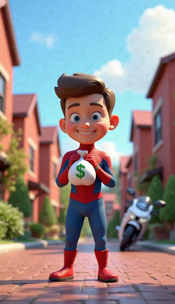 **"A stylized 3D animation of a superhero wearing a red and blue costume,  similar to Spider-Man , holding a bag of money with the dollar sign, while smiling mischievously. He is on a quiet residential street, with red brick houses and manicured gardens in...