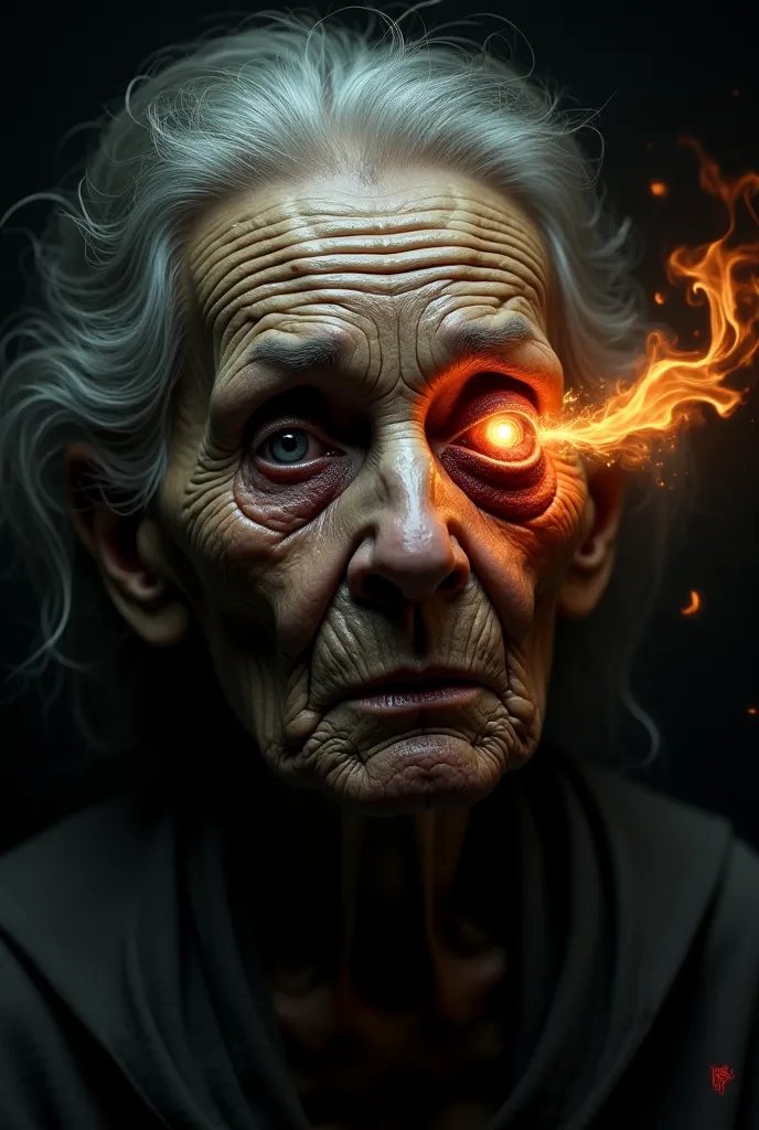 an old woman,With the eye almost falling out fire coming out of that eye almost falling