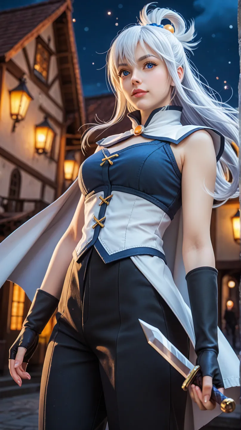 A hyper-realistic, cinematic render of Chris from Konosuba, the skilled and agile thief, standing in a dynamic pose. She wears her signature black and white thief outfit, a form-fitting sleeveless top with a high collar, a short white cape, fingerless glov...