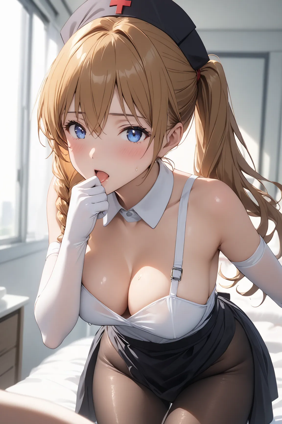 asklng1, 1girl ,long hair,blue eyes,orange hair, side twintail, middle breasts, 

single braid, black nurse cap, double-breasted grey apron, chest belt, elbow gloves, crinoline, black pantyhose, 

shiny skin, shiny, see-through, 

one girl, Compatible with...