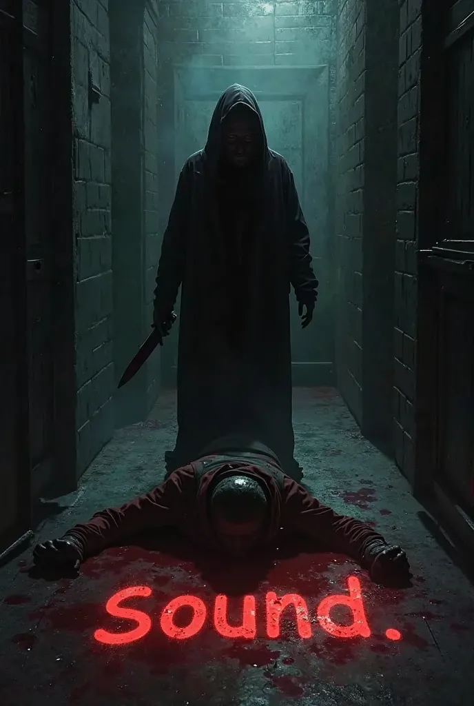  A picture of a person in the dark holding a knife and in front of him is a dead body with blood on which the word sound is written 