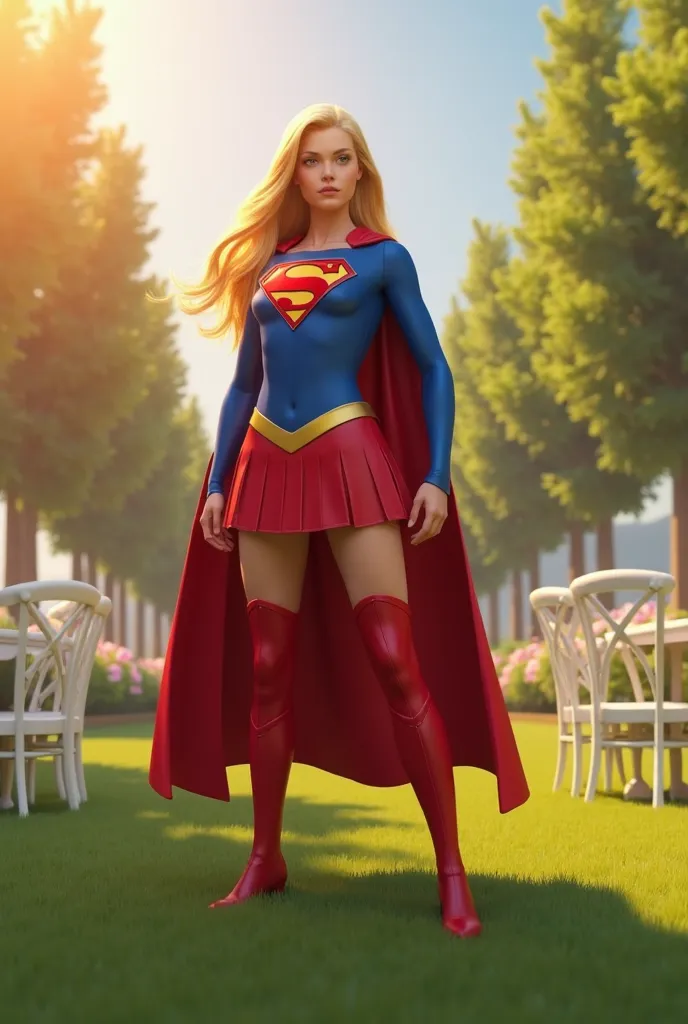 SUPER GIRL  .THE BACKGROUND OF THE IMAGE CONTAINS A WHITE TABLE WITH CHAIRS ON TOP OF A LAWN WITH TREES IN THE BACKGROUND AND THE DAY IS SUNNY AND SATURATED 3D