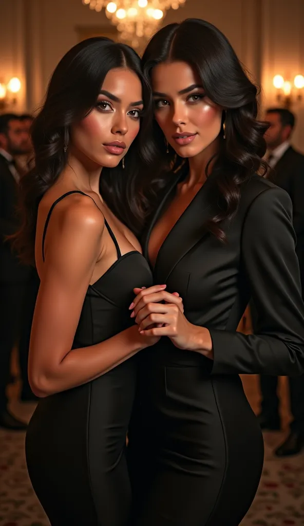 Pretty latin mature famous lesbian couple rings tanned romantic elegant sexy female tuxedo in a luxury popu lounge with awards friends selfie mirando a la cámara de frente 


