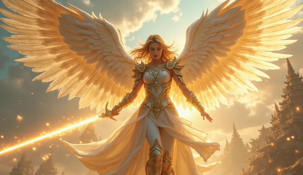 "A majestic female angel with an imposing and divine presence, , making fluid movements with a golden energy sword in a heavenly paradise.. Her armor is elegant and resplendent, with gold and silver details that reflect heavenly light. Its enormous, lumino...