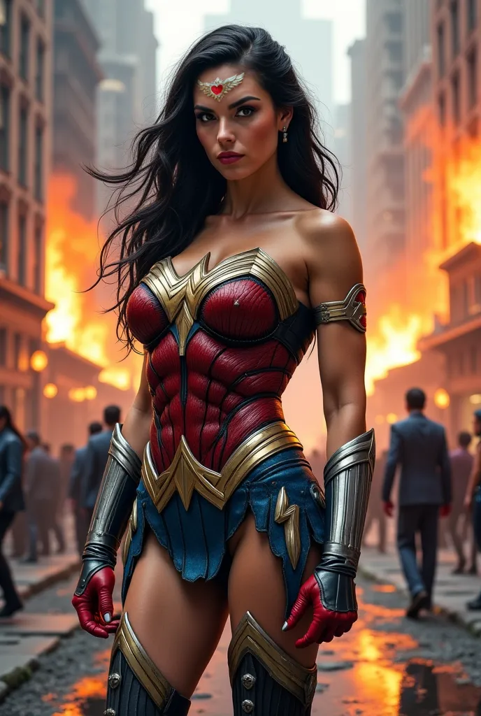 (((Wonder Woman thick legs muscular arms))),(((large breasts))),(((A beautiful woman with a completely shaved head))),(((Wearing a long black ponytail))),(((under the mantle of the Amazon warrior Wonder Woman))),((( Wonder Woman emblem on her chest))),(((b...