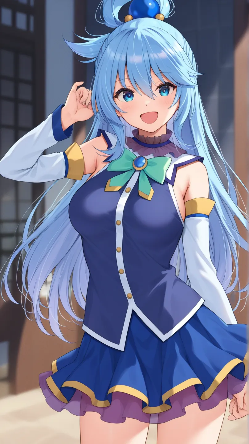 aqua (konosuba) blue eyes, blue dress, blue skirt, turquoise ribbon, sleeveless, White long sleeves,
