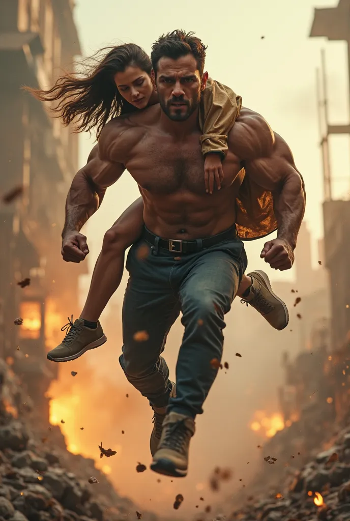 Hero carrying a man on his shoulder, jumping 