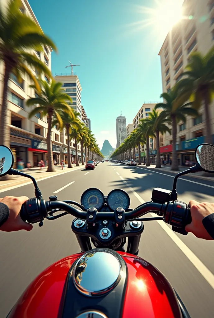 The image shows a first-person scene, Seeing from the biker's perspective motorcycle ride in Copacabana in Rio de Janeiro