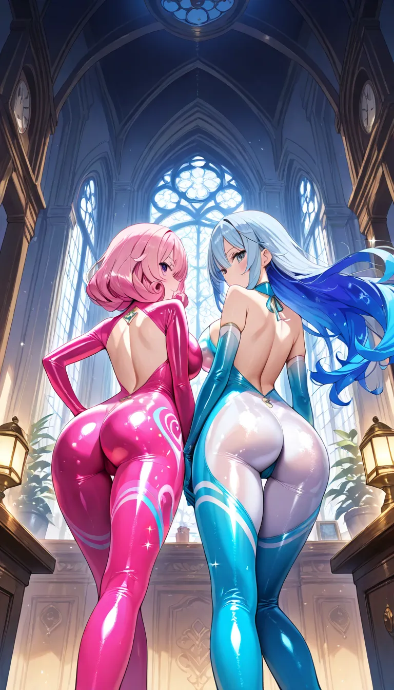   long hair、  curly hair  、  Two Girls Are Fighting 、lots of brightly colored hearts drawing delicate hair  、   steampunk.   Snow Scenery   、Crouch 、  back bent  、 Big Breasts 、 （      DYNAMIC COMPOSITION SEEN FROM BELOW   :1.6）、  Transparent Hair  、((mast...