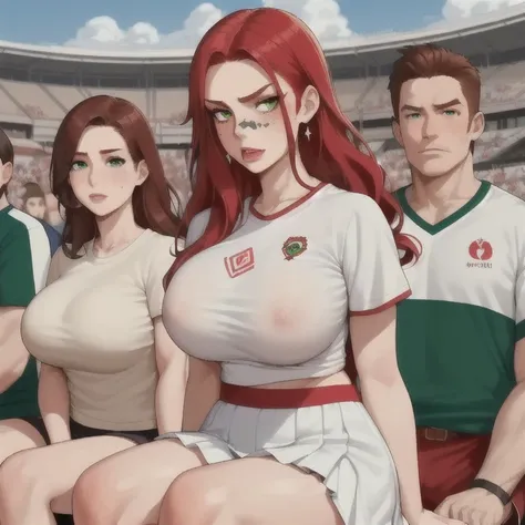 masterpiece,  An old college girl , cheerleader, long wavy red hair, very intense emerald green eyes,  freckles on his face , full lips, round face, wearing a short sleeve shirt (top style), white shirt with the university symbol in the center of the chest...