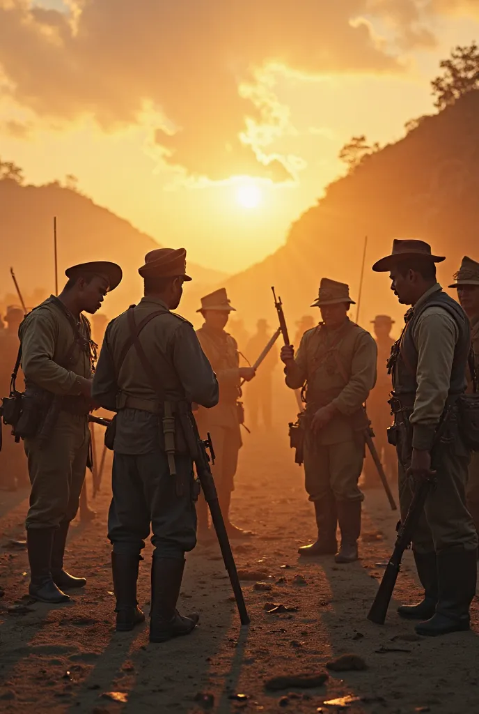 "A group of Filipino revolutionaries in late 19th-century military uniforms, preparing for battle. They are sharpening bolos, loading rifles, and strategizing on a dusty battlefield. The atmosphere is tense, with a golden sunset casting long shadows on the...