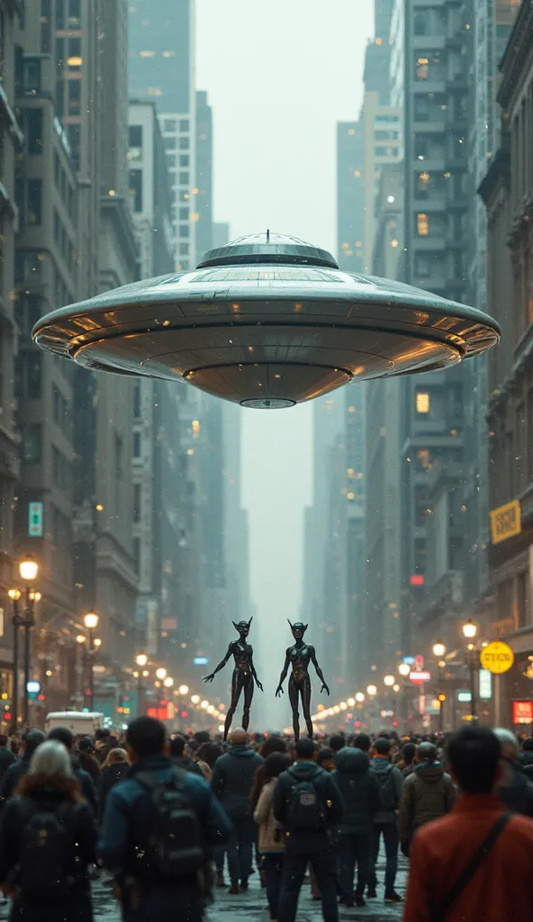 Disc-shaped UFO craft lands on the street in Manhattan, People around shooting videos, Police cordon off the area with yellow tape, 2 aliens get off the ship