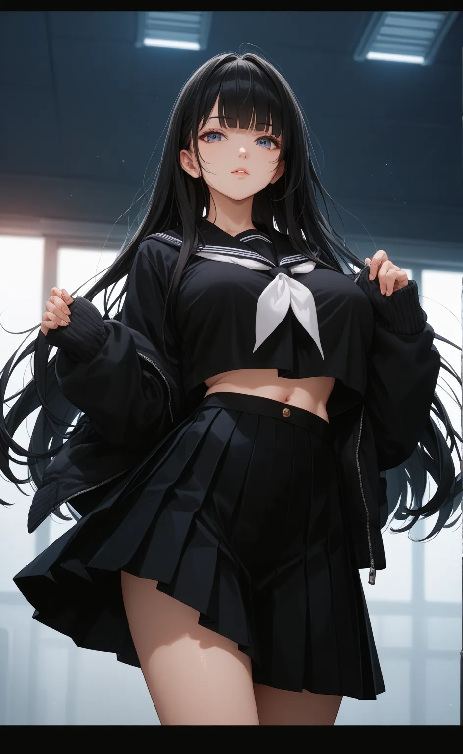 Black school uniform , Hagoromo Gitsune , navel , white bare legs , big breasts, bangs , black hair , woman , black skirt, stomach 