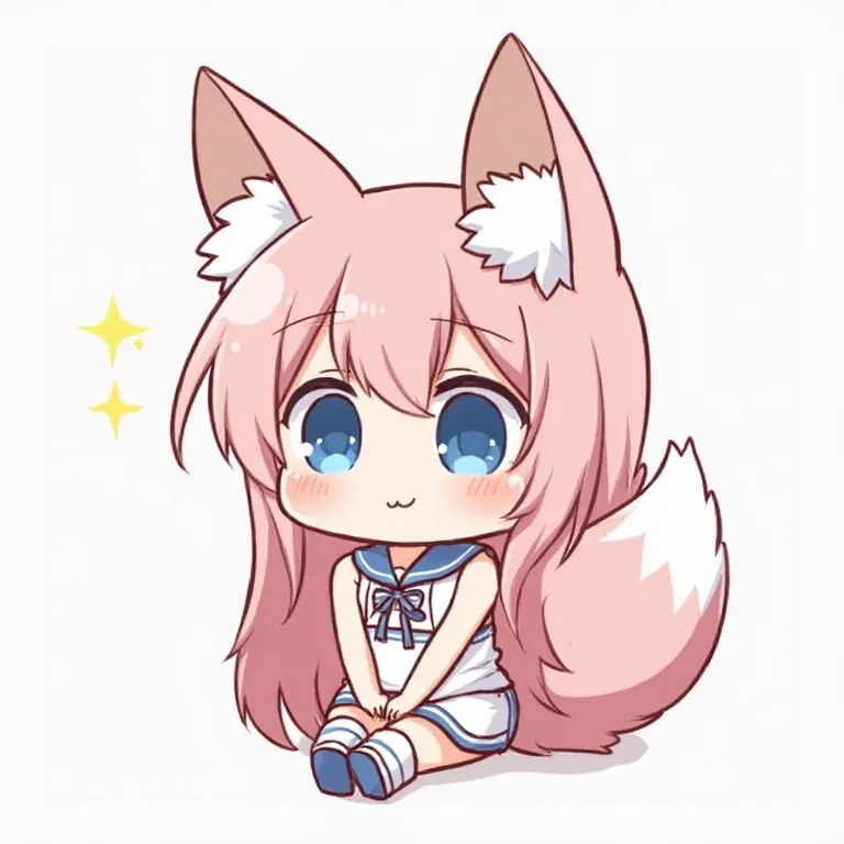 Fox Ears Fox Ears、Cheerleader attire with shoulders out、nyaruko-san,  chibi!!!  Neferpitot,  chibi,  maple story, 、 chibi,    senko-sa  , kawaii  chibi, minimalist、 chibiキャラ、minicars、Pink long hair、blue eyes、