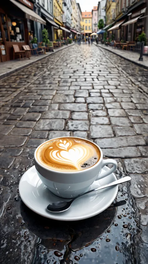 Picture of a cup of coffee. details, realistic representation, street style,