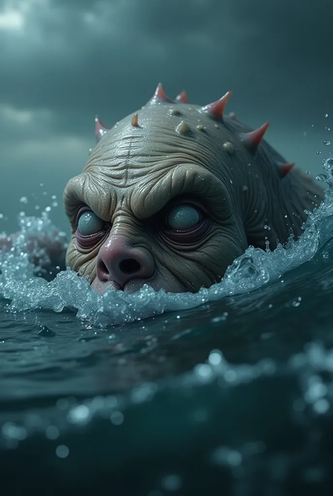 A spooky scene in the ocean with a gigantic monster emerging partially from the water. The monster has wrinkled skin and a terrifying look, with a big eye, bulging and reddish, fixating intensely on the observer.  The skin texture is realistic , with shade...