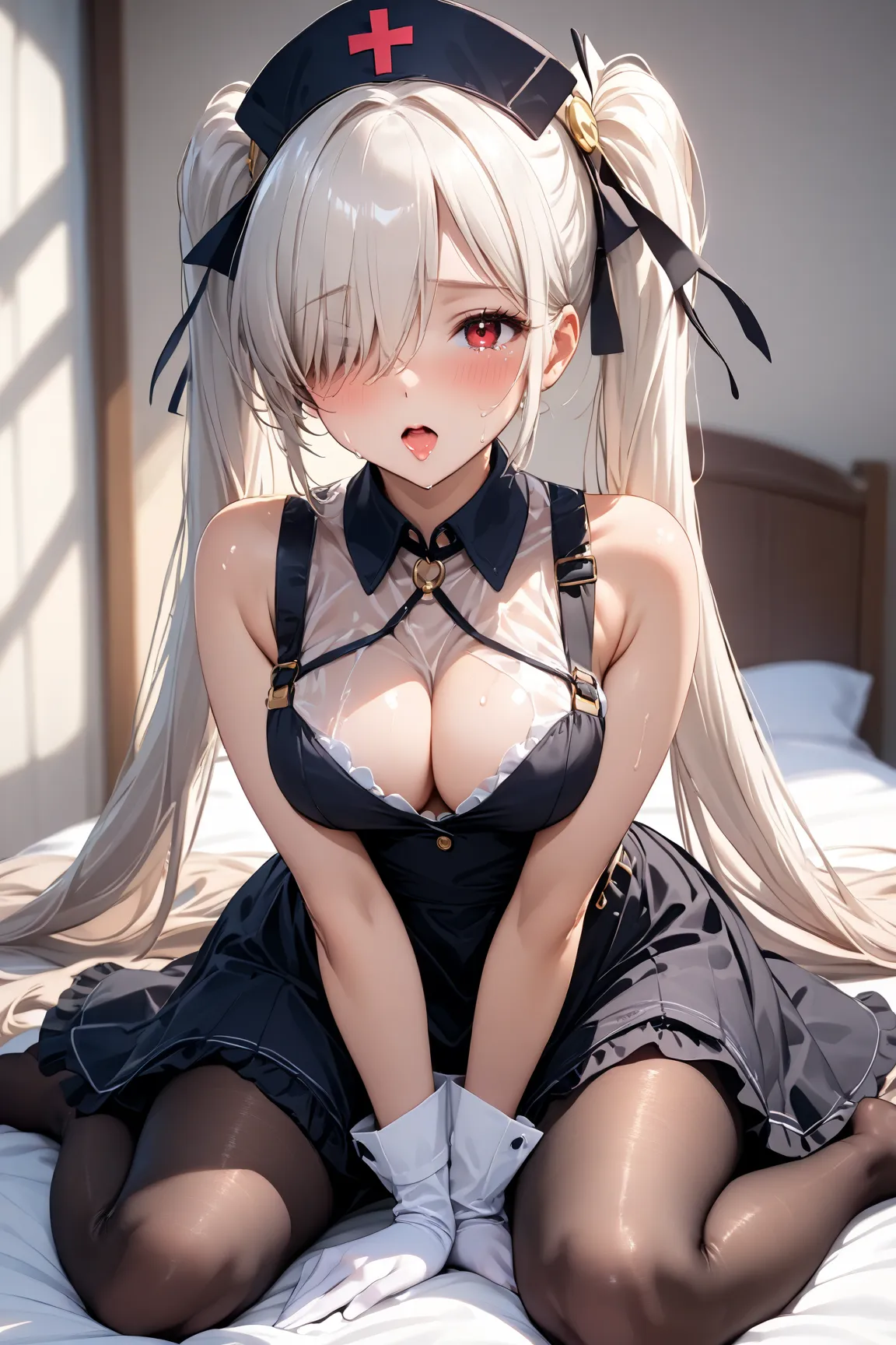 anachirox, twintails, very long hair, white hair, hair over one eye, red eye, 
ringed eyes,

single braid, black nurse cap, double-breasted grey apron, chest belt, elbow gloves, crinoline, black pantyhose, 

shiny skin, shiny, see-through, 

one girl, Comp...