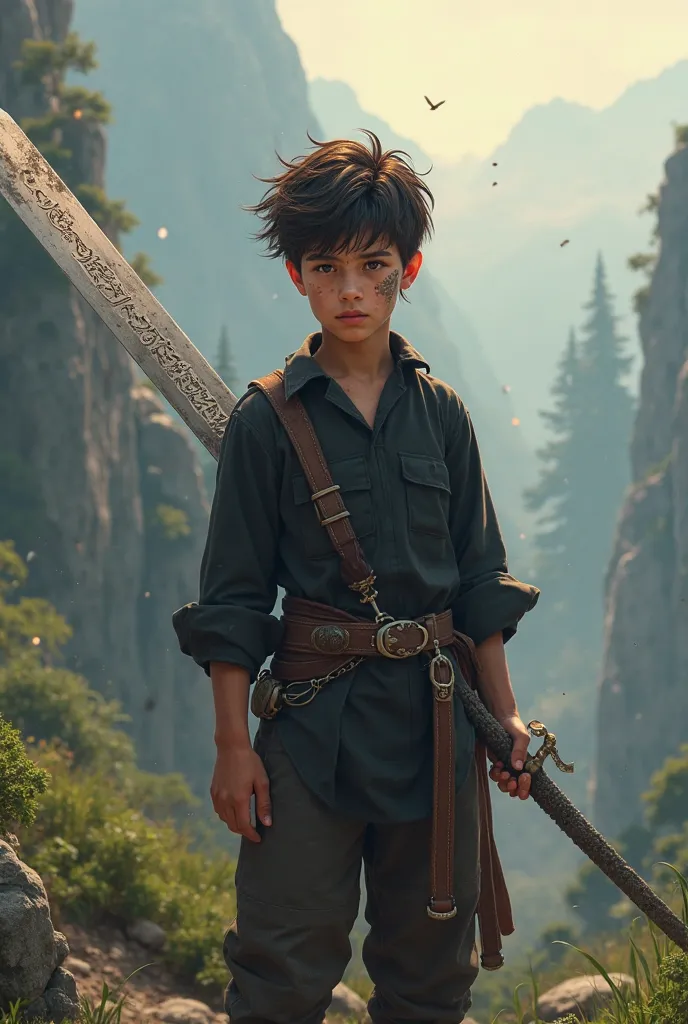 Create a Boy with a sword in a fantasy world with Long Pants, a black blouse and a scar on the face
