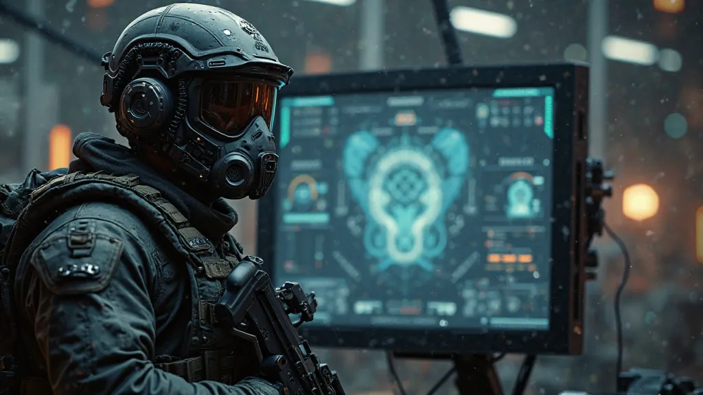 4K image soldier with breathing mask and helmet next to the screen