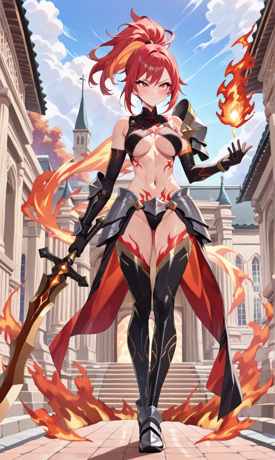 (((masterpiece, best quality, high detailed, 16k))) (1girl) A strikingly beautiful female master of flames with long, fiery red hair tied back in a high ponytail, her fierce presence commanding the battlefield. She wears an asymmetrical armor, with one arm...