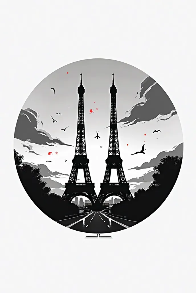 Circular logo 2 twin towers black and white anime style Japanese and French flag