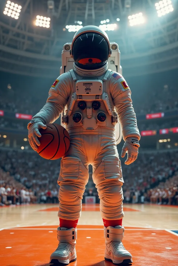 can you describe a vibrant and energetic scene that includes a picture of a basketball game taking place inside a vaulted stadium without players , In addition to the excitement of sports ? An astronaut wearing basketball sports clothes wears a black astro...