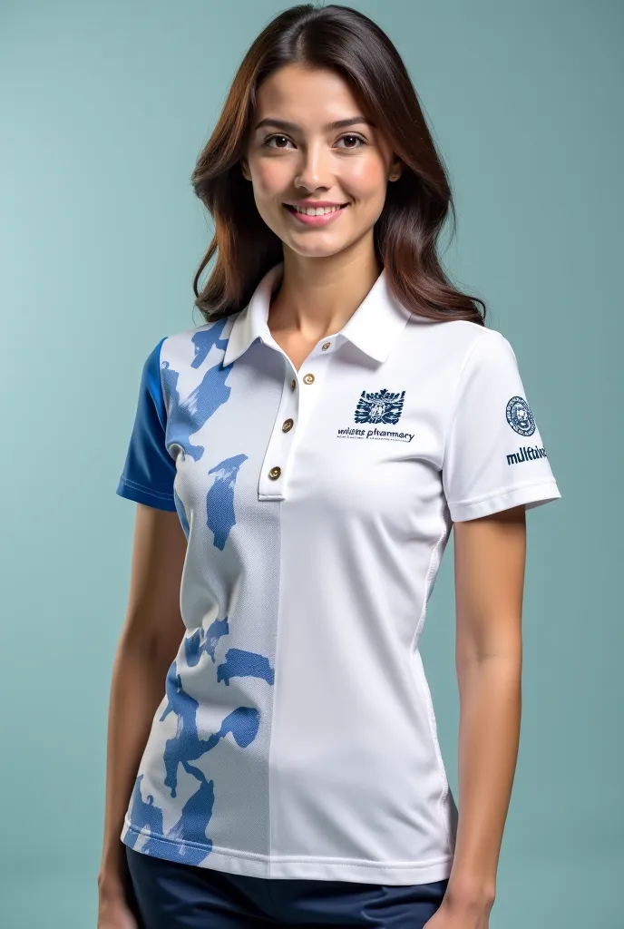 women's polo shirt, written Pharmacy on the chest, the pharmacy coat of arms on the left sleeve, Multivix on the right arm