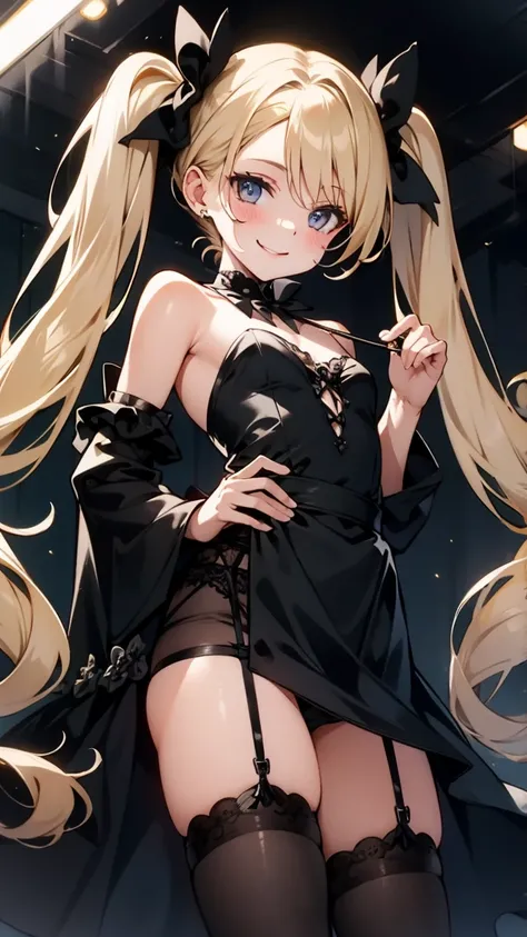 {{{masterpiece}}},{{{best quality}}},{{very detailed}},{{very delicate and beautiful with pores}},{{{Big Faced Blonde}}},{{{short twin tails}}},{{small breasts}},{smile},{happy face},{{black gothic lolly}},{{black dress}},{black garter belt},{black stockin...