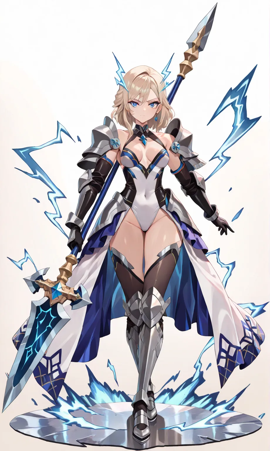 (((masterpiece, best quality, high detailed, 16k))) (1girl) A strikingly powerful goddess with short, spiky platinum blonde hair and electrifying blue eyes. She wears a sleek, metallic armor that crackles with electricity, adorned with lightning motifs. He...