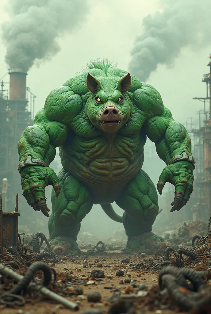 Strong pig with green skin, with factory in the background, dirty environment, arc springs on the ground. Springs everywhere