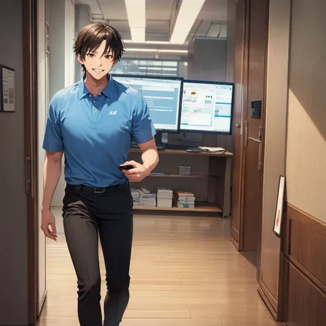  Draw an anime-style image of a man in a polo shirt leaving his office cubicle. The cubicle is filled with papers and a computer. The man looks happy and relaxed, stepping out into a bright hallway.