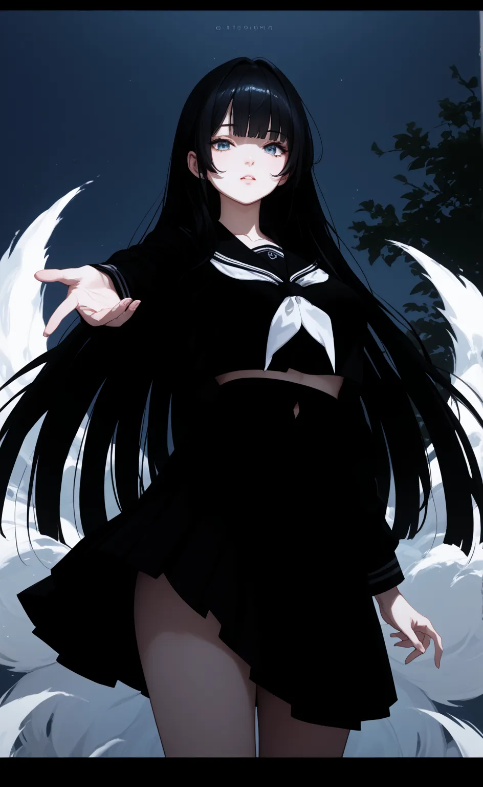 Black school uniform , Hagoromo Gitsune , navel , white bare legs , big breasts, bangs , black hair , woman , black skirt, stomach 