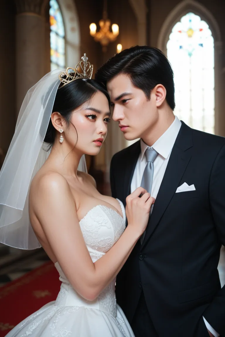 Two Sexy and Big-breasted Korean Brides, Each has black hair, crown, sexy wedding dress . They are staring at the other woman with dislike. In the palace, Angry Face