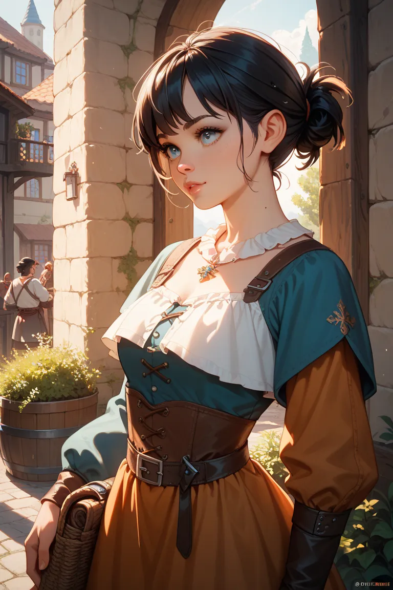 Alone,high quality,girl,Active,fine, stand up hair,very short hair,medieval European style,cute,, black hair,Adventurer,boyish,Travel attire