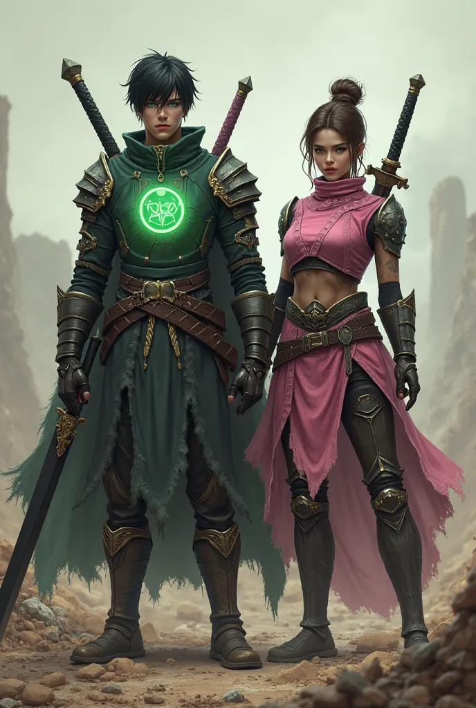 Male short black hair green eyes glowing green circle on chest black sword in hand armor chestplate wasteland female brown hair in a bun thin brown eyes standing next to him two swords on back pink armor chestplate 