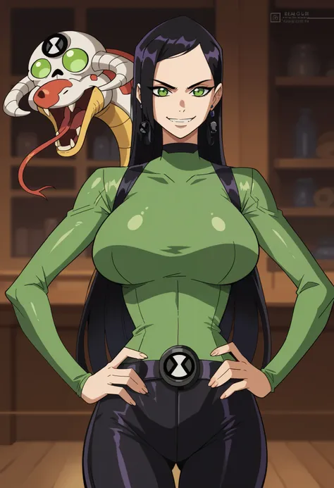 GOOD, mature woman,1 girl,Alone,earrings, black hair, long hair,green eyes, huge breasts,bodysuit, green suit, pants, long pants, black pants, side opening,vaquero disparó, hands on hips , Looking at the viewer,smile,Interiors, snake fangs, ben10, insignia...