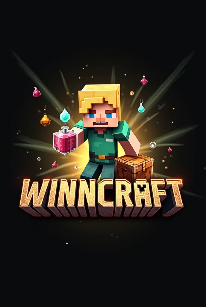 "A Minecraft-style logo design with a 2D pixelated character in the background. The character has an adventurous appearance, with blond hair and a green and white outfit, holding a magic potion and a gold chest. in the foreground, the text 'WINNCRAFT' in a...