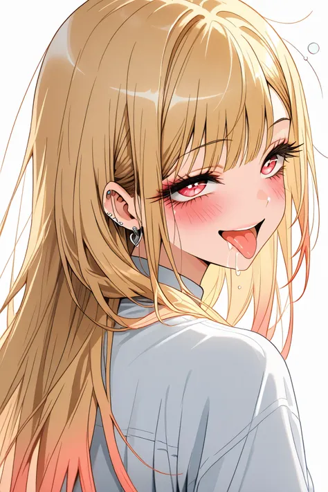 marin_kitagawa,1 female,solo,pretty,

white background,
upper body,from behind,

blonde,long hair,side part bang,cut bangs,
colored inner hair,

red eyes,beautiful eyes,
big eyes,slant eyes,sleepy eyes,
long eyelashes,

white shirts (1.3),

smile,blushing,...