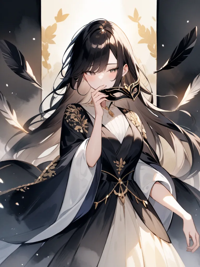 A Japanese anime-style watercolor painting of a mysterious woman gracefully removing her elegant masquerade mask. Her mask has intricate gold details and black feathers, exuding an air of mystery and sophistication. She has long, flowing dark hair and wear...