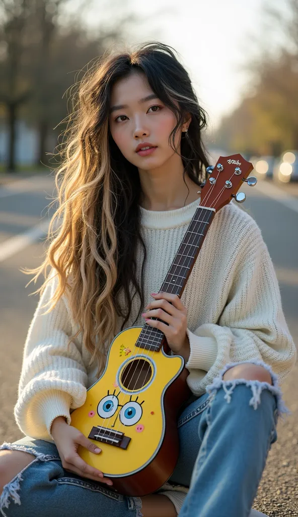 shukezouma, octane render, hdr, (hyperdetailed:1.15), (soft light, sharp:1.2),a beautiful korean woman in black and blonde color dreadlocks hairstyle, wearing a comfortable loose bright white knit sweater and ripped jeans,she is sitting on the roadside hol...