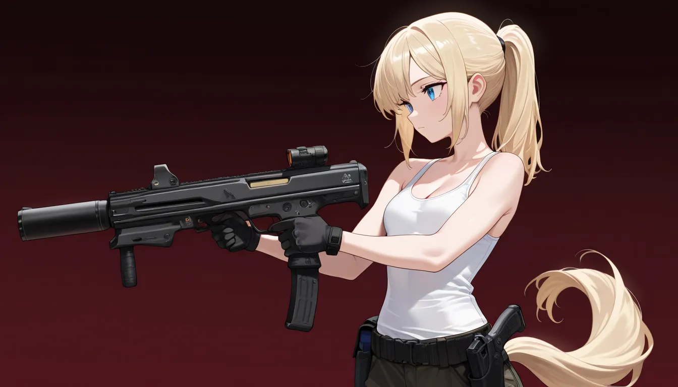 ((masterpiece, best quality, amazing quality, very aesthetic, newest, realism, hyper-detailed, beautiful, cinematic)) 1girl, a bit small breasts, solo, dark red background, blonde pony tail hair, white tank-top, look away, lifting a vector Gun, gun holster...