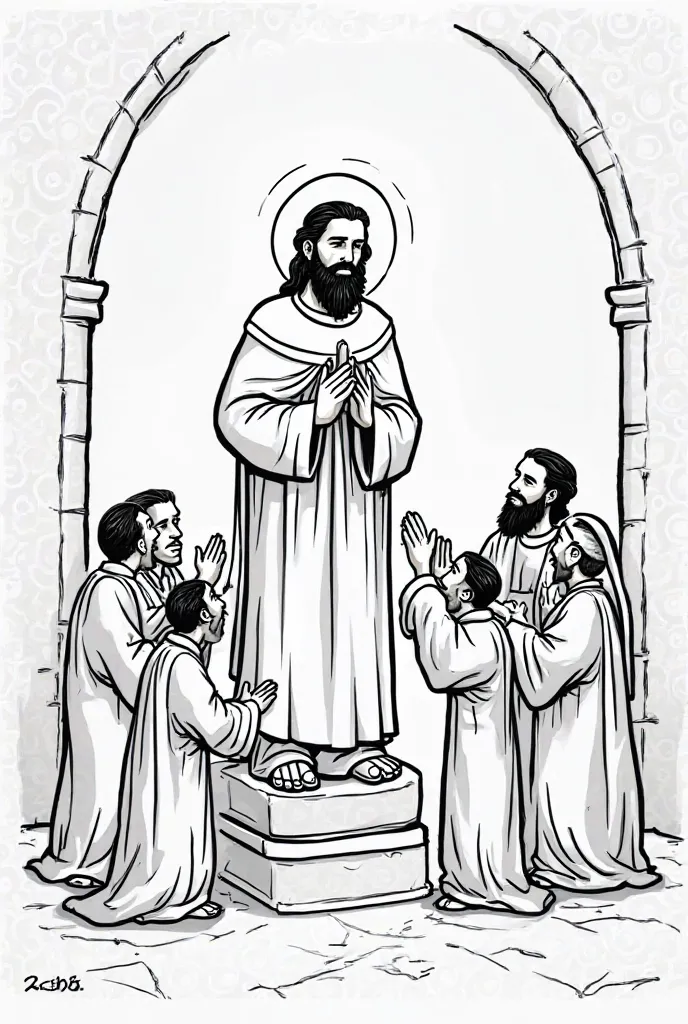 I need a black and white cartoon image of some people worshiping a saint. The saint must not be a person, but like a statue, that doesn't look like a person, like an image, a painting, an ancient relic, something in stone, something like that. So people wo...