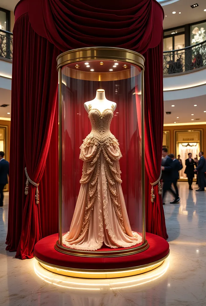 Create an elegant, luxurious scene in a high-end fashion store or VIP area within a mall. The main focus is a display kiosk featuring a one-of-a-kind designer dress. The dress is displayed in an opulent glass box with soft lighting highlighting its intrica...