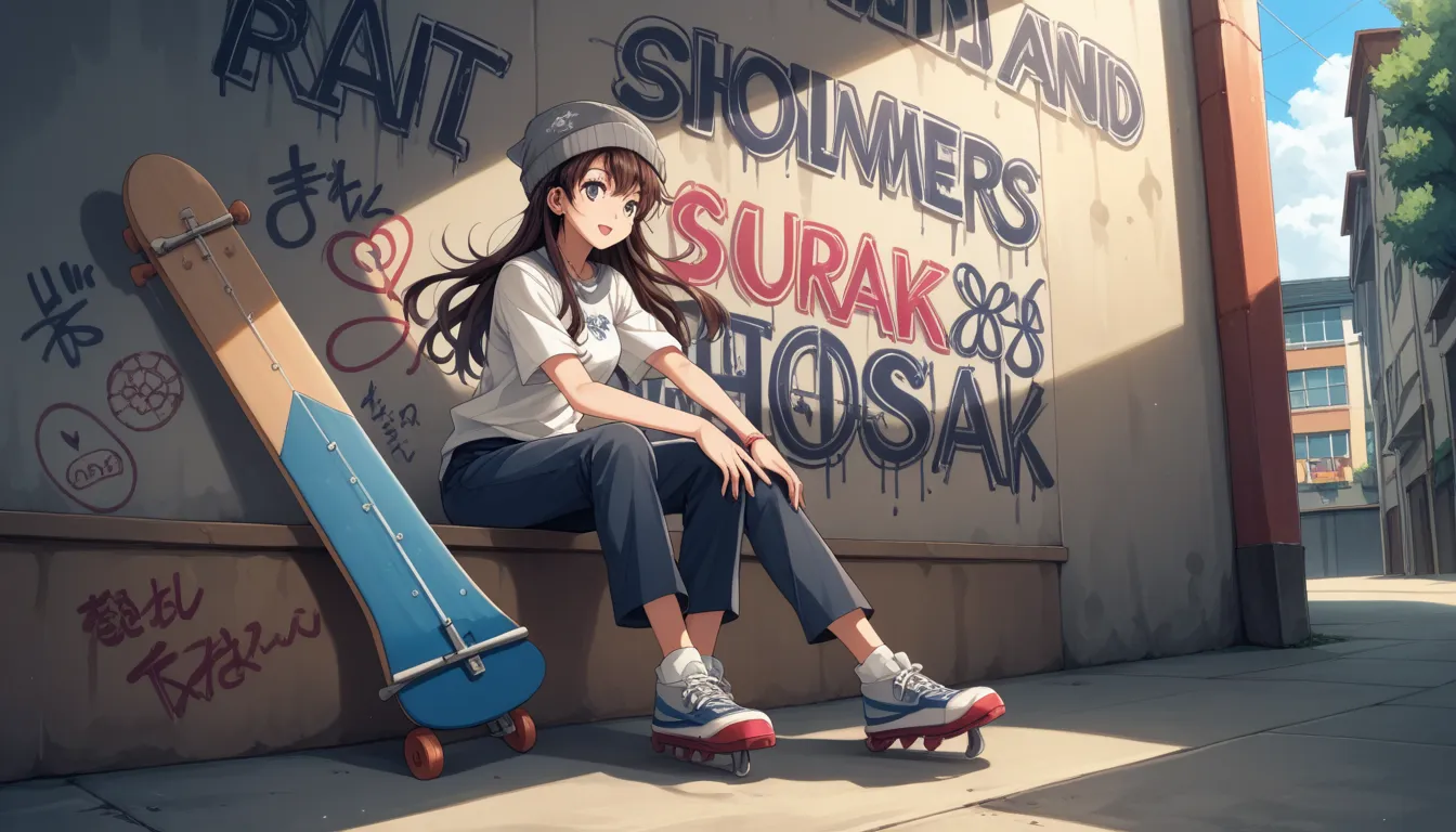 full body image, 2000s style brown messy hair, 楽しそうにSkateboardに乗っている, graffiti,  Grey Beanie ,  anime, {dynamic movement},　1 girl, Best Hands, 8K resolution, Ultra HD, symmetric eyes,  best fingers, 超精巧なSkateboard, dynamic jump, Dynamic Composition, Skateb...